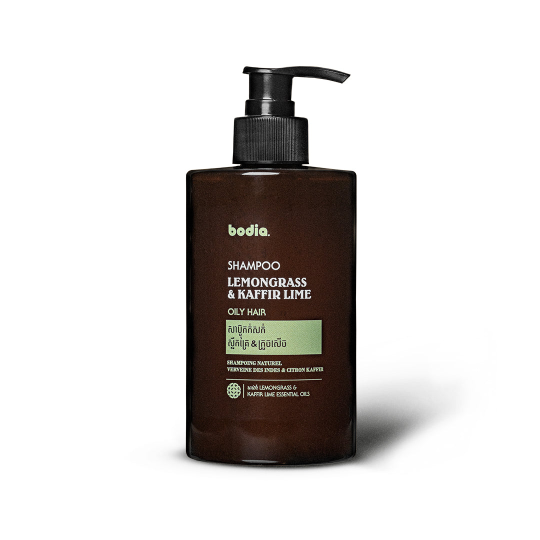 Bodia natural shampoo bottle with pump for oily hair on a white background